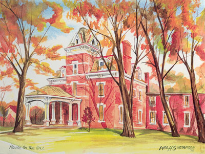 Watercoloring of Augustana College's House on the Hill in fall