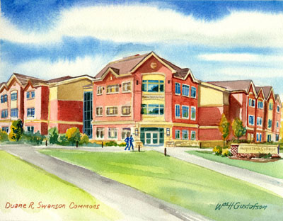 Watercoloring of Augustana College's Duane R. Swanson Commons in the summer