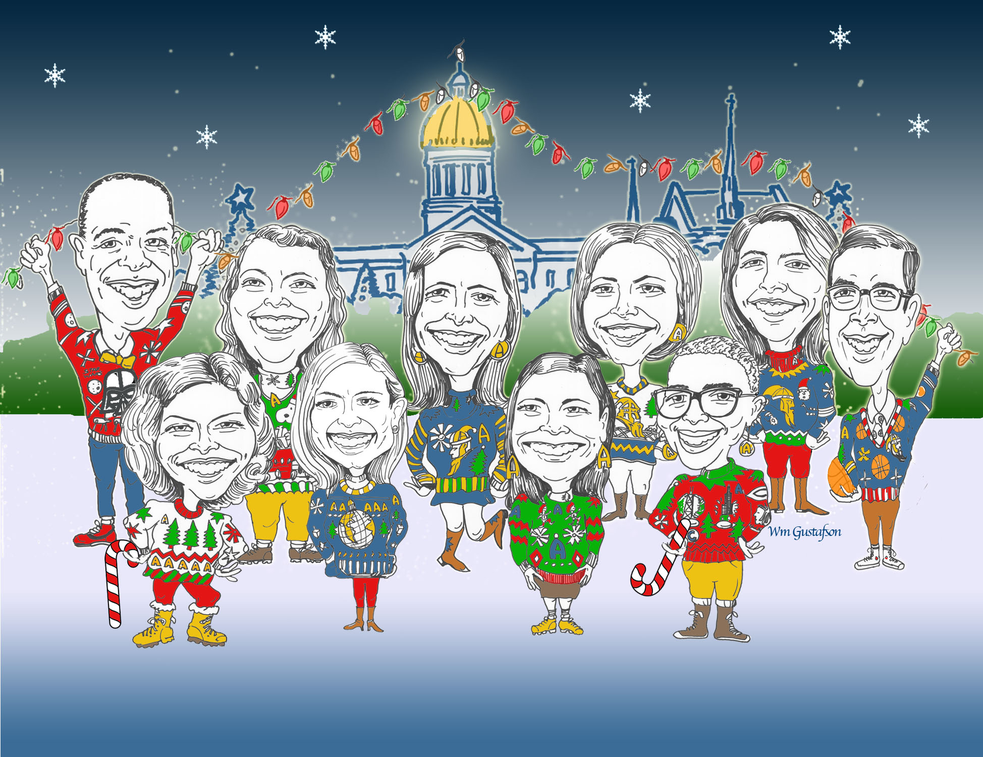 Caricature of Augustana College staff on a Christmas card