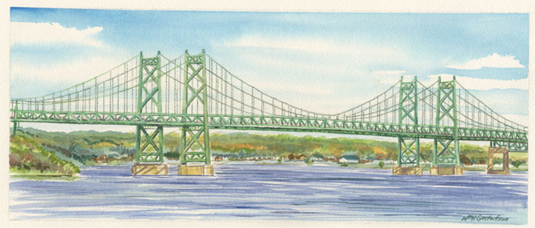 Watercoloring of the old I-74 bridge connecting Moline, IL to Bettendorf, IA