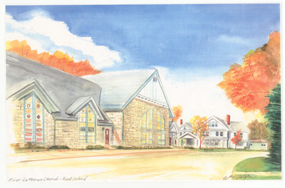 Watercoloring of First Lutheran Church in the fall