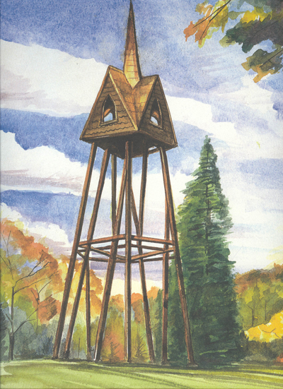 Watercoloring of Augustana College's Bell Tower in the fall