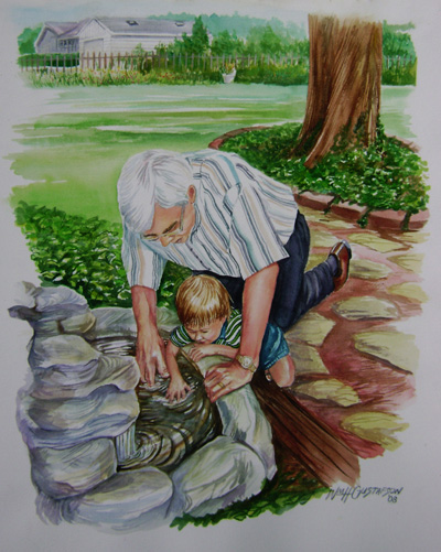 Watercoloring of a young child and his grandfather interacting with a body of water